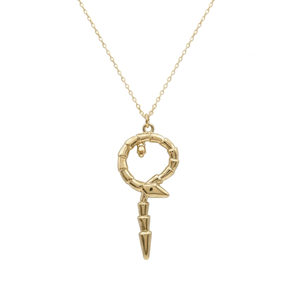Gold necklace with a unique pendant on a white background
