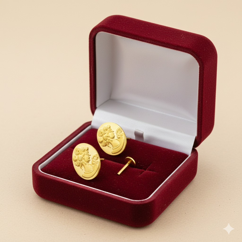 Gold stud earrings with embossed figure in red velvet jewelry box