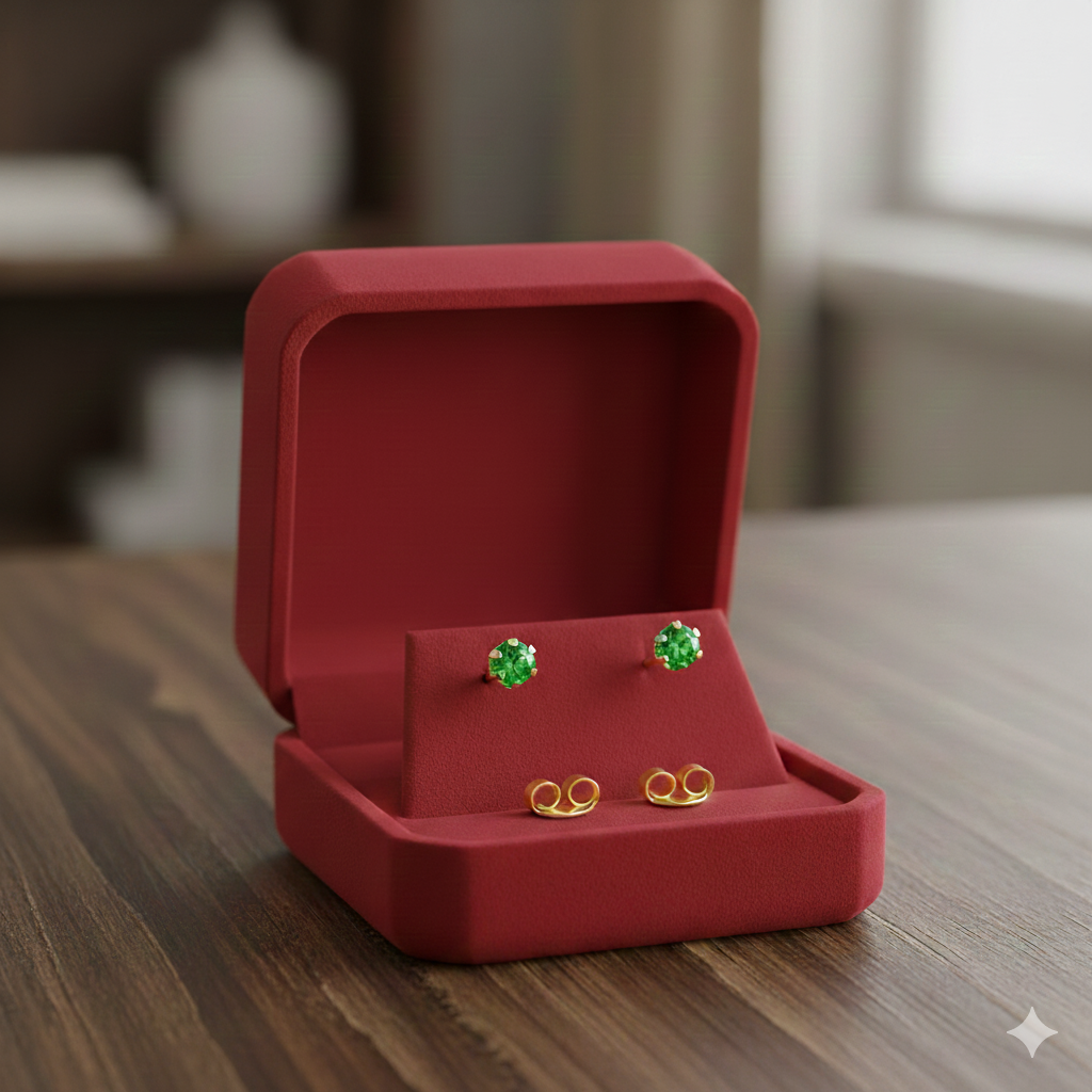 Gold earrings with green gemstones in a red jewelry box on a wooden table