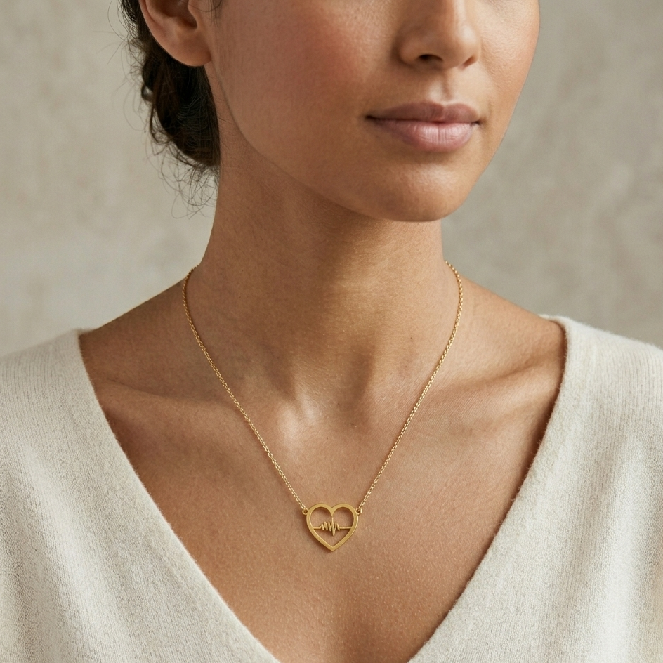 Woman wearing a gold necklace with a heart-shaped pendant against a neutral background