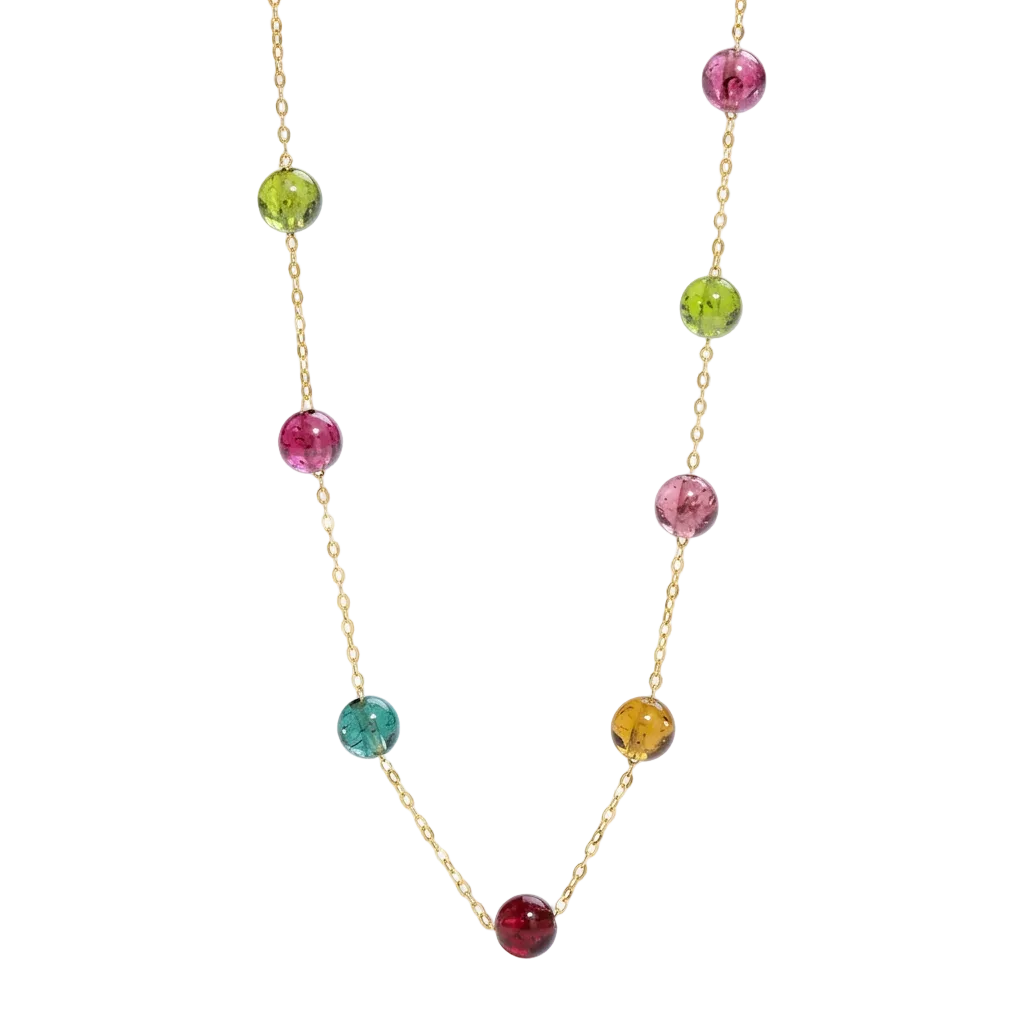Necklace with multicolored beads on a white background