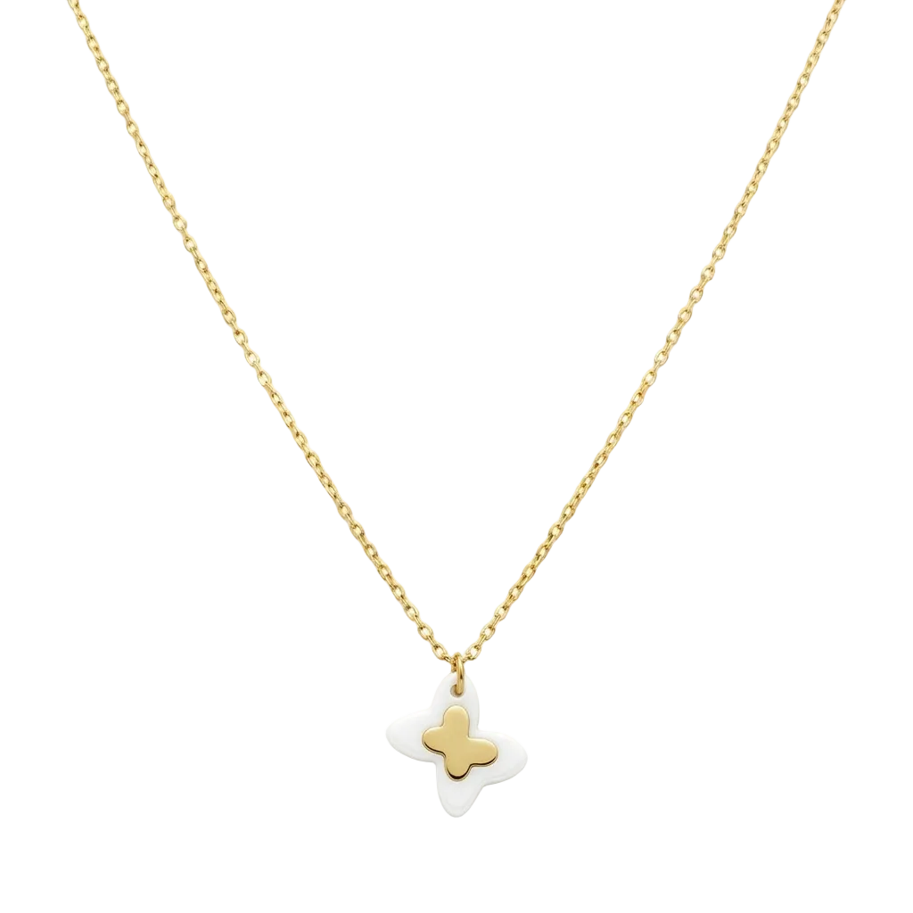Gold and white star-shaped pendant on a chain against a white background