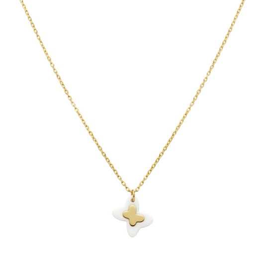 Gold and white star-shaped pendant on a chain against a white background