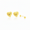 Pair of heart-shaped gold stud earrings with textured design on white background