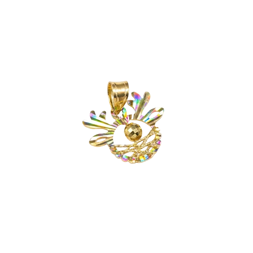 Gold pendant with colorful gemstones on a white background