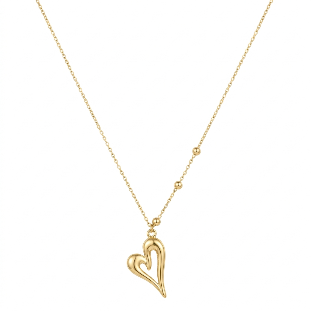 Gold necklace with a red pendant featuring Greek letters on a white background