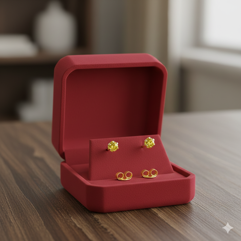 Gold stud earrings with yellow gemstones in a red jewelry box on a wooden table