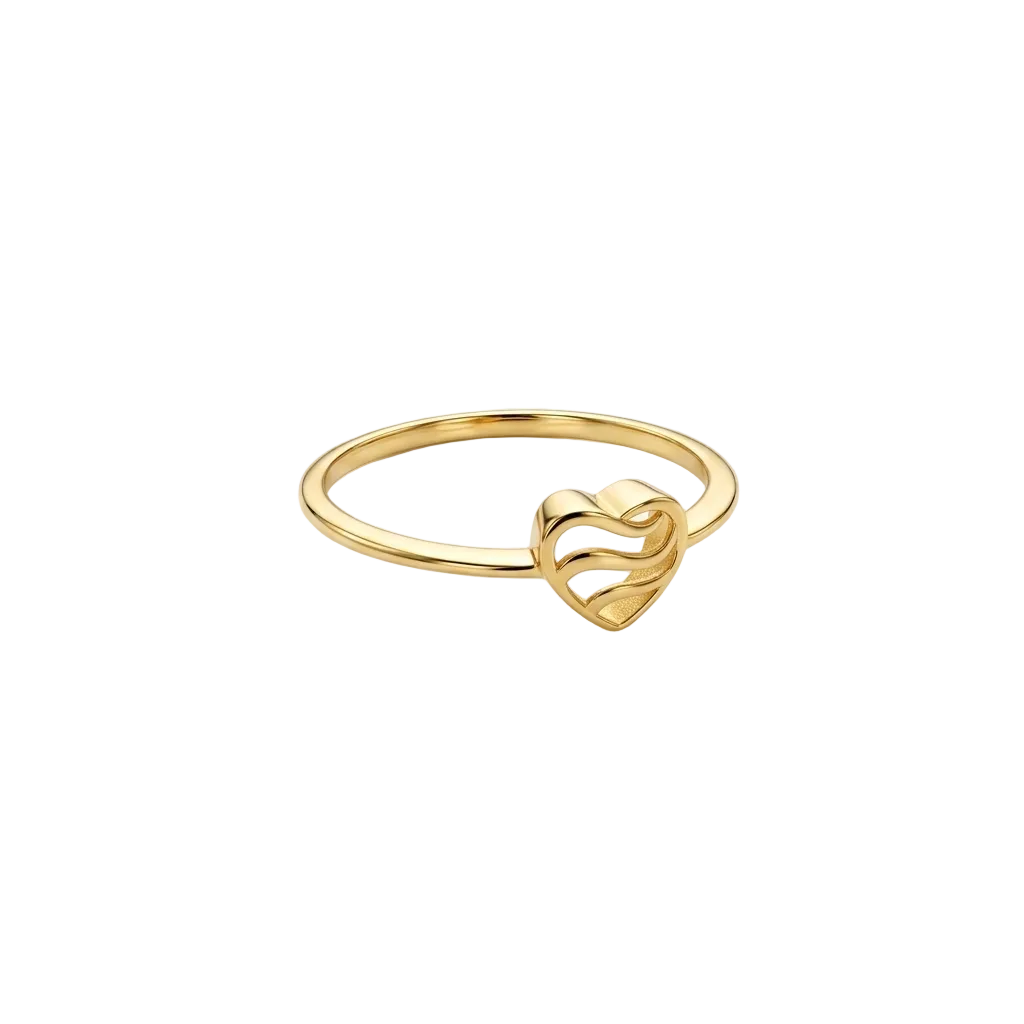 Gold ring with a heart design on a white background