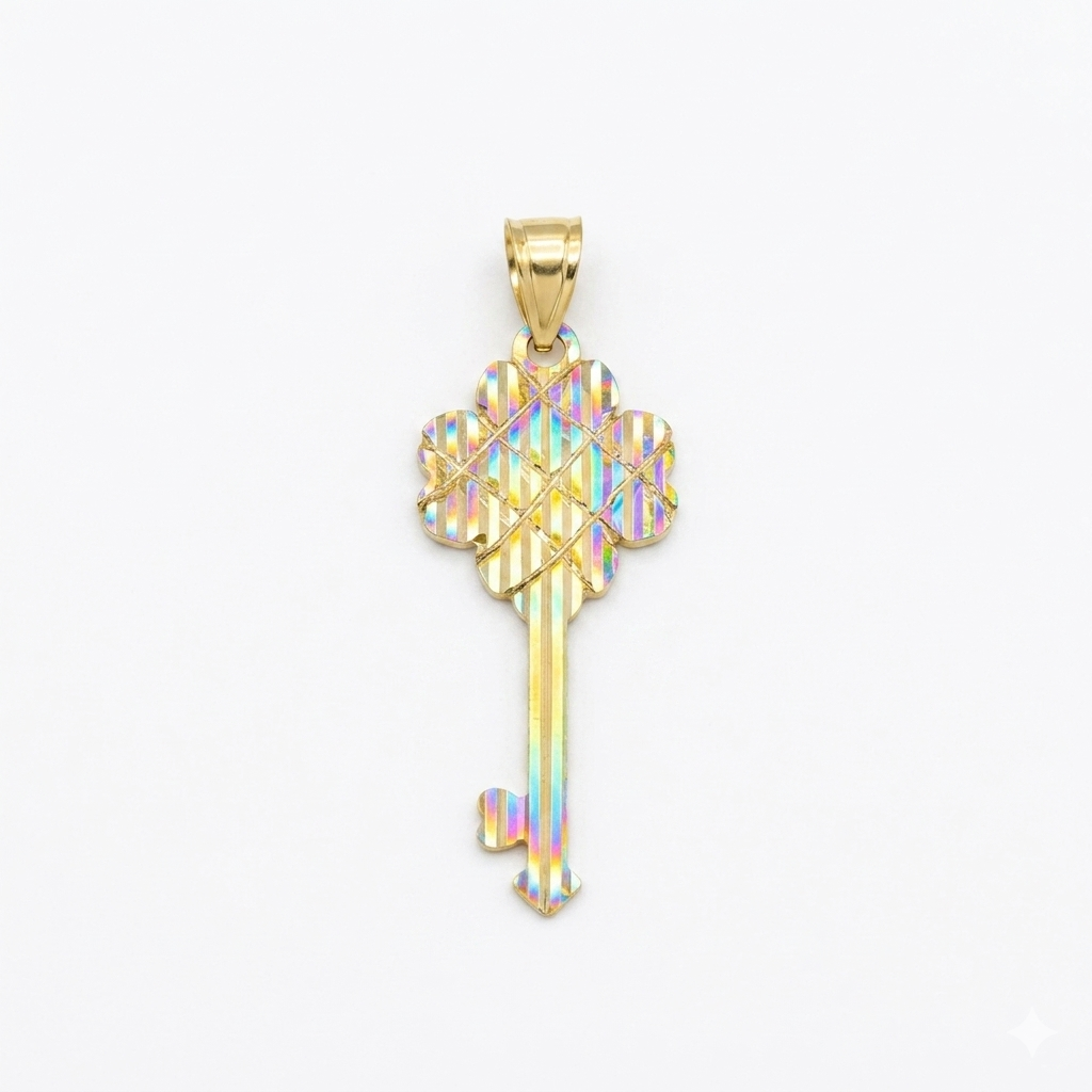 Gold key-shaped pendant with iridescent design on a white background