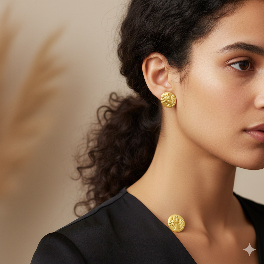 Woman wearing round gold earrings with embossed design, elegant jewelry close-up