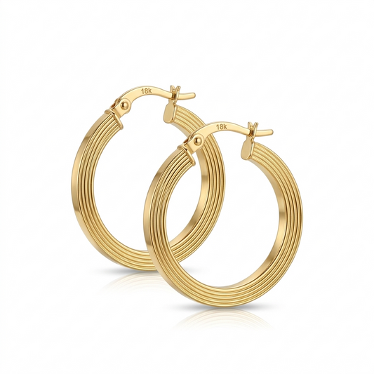 Pair of gold hoop earrings on a white background