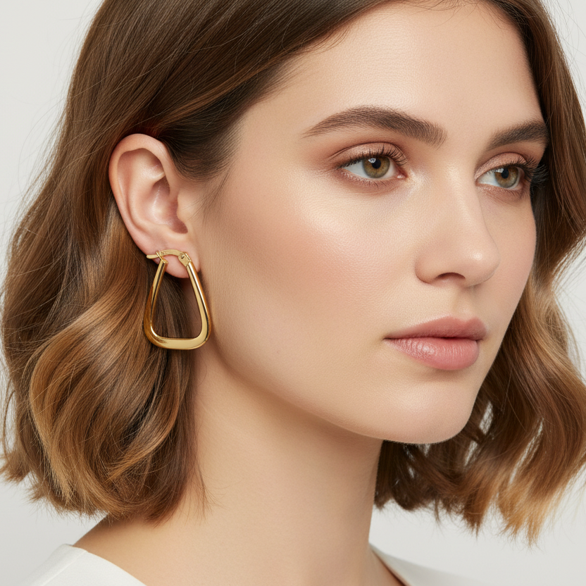 Gold hoop earrings on a light gray background