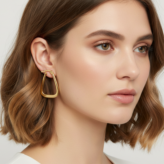 Gold hoop earrings on a light gray background