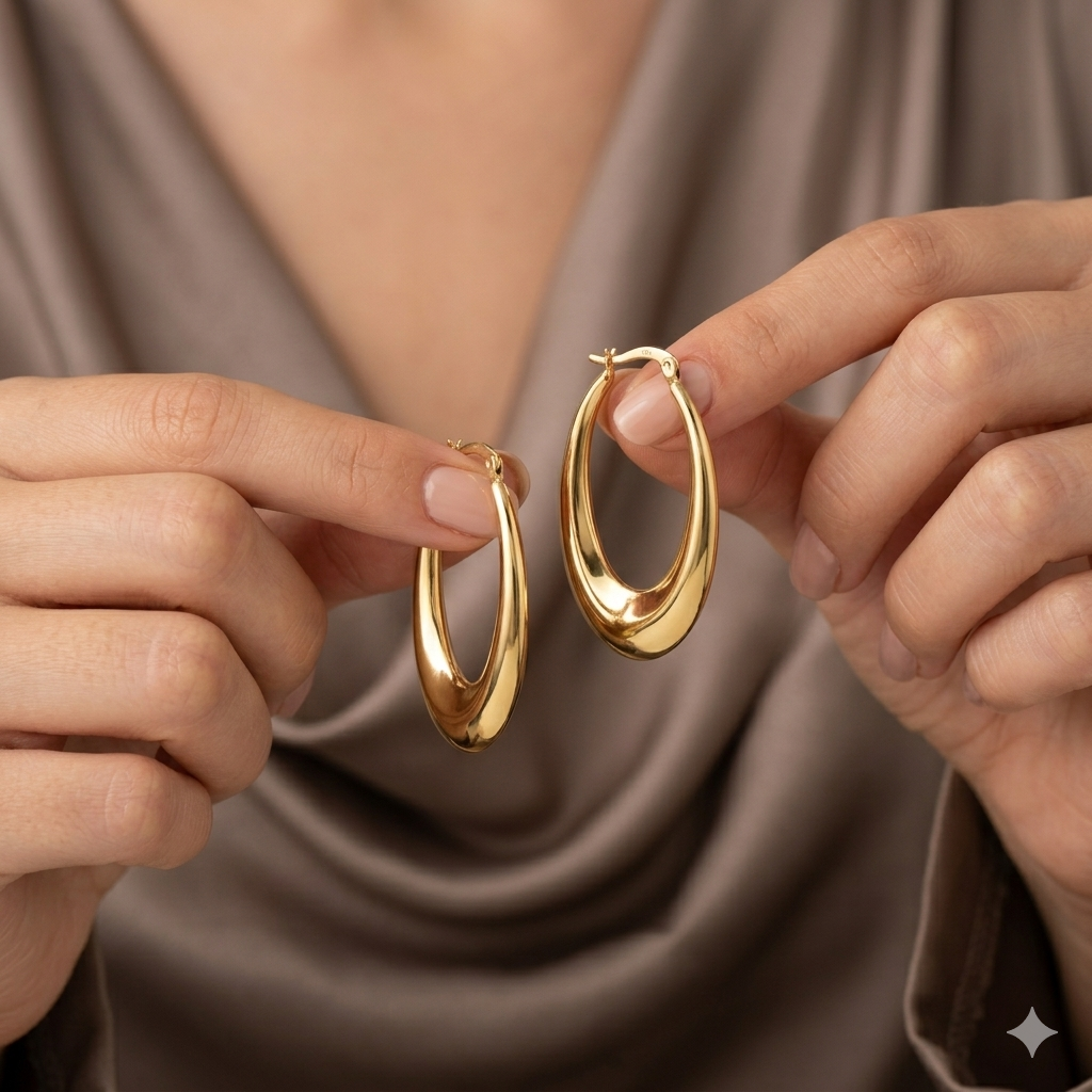 18k Gold Shiny Oval Loop Earrings