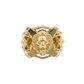 Gold ring with lion head design on a white background