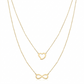Two gold necklaces with heart and infinity symbol pendants on a white background