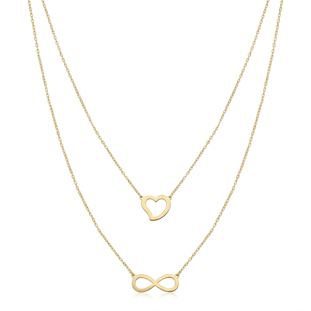 Two gold necklaces with heart and infinity symbol pendants on a white background