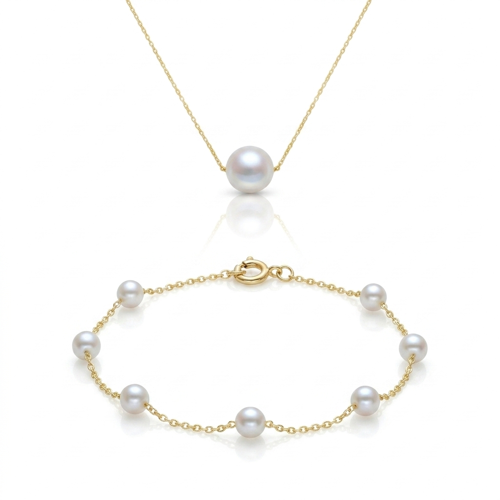 Gold bracelet with pearls on a white background