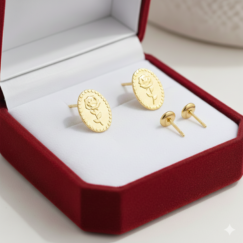 Gold stud earrings set with engraved rose design in red velvet jewelry box