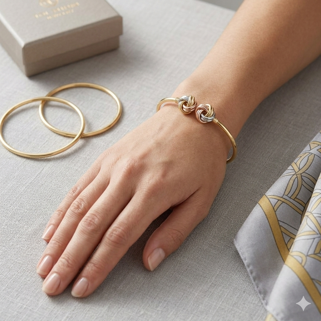 Gold bracelet on a hand with gold rings and a box in the background