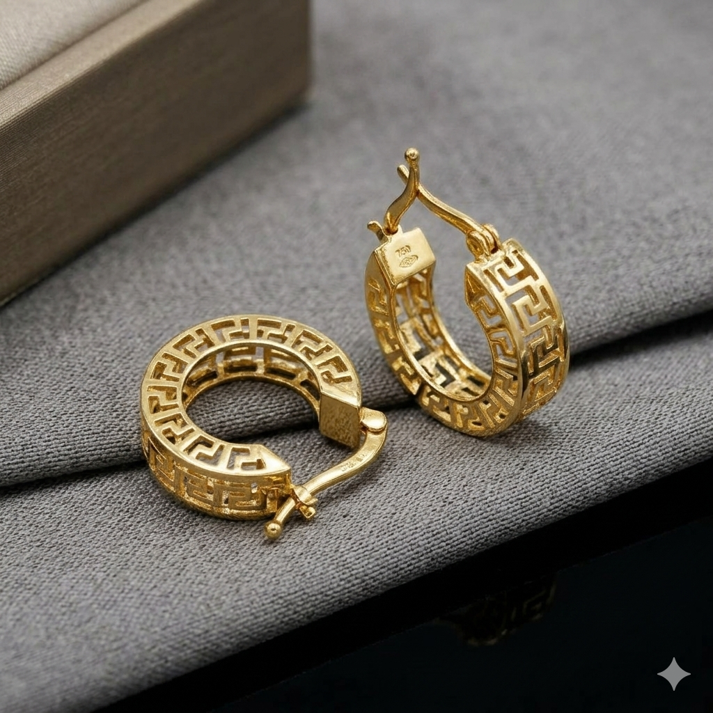 Gold hoop earrings with intricate design on a gray surface