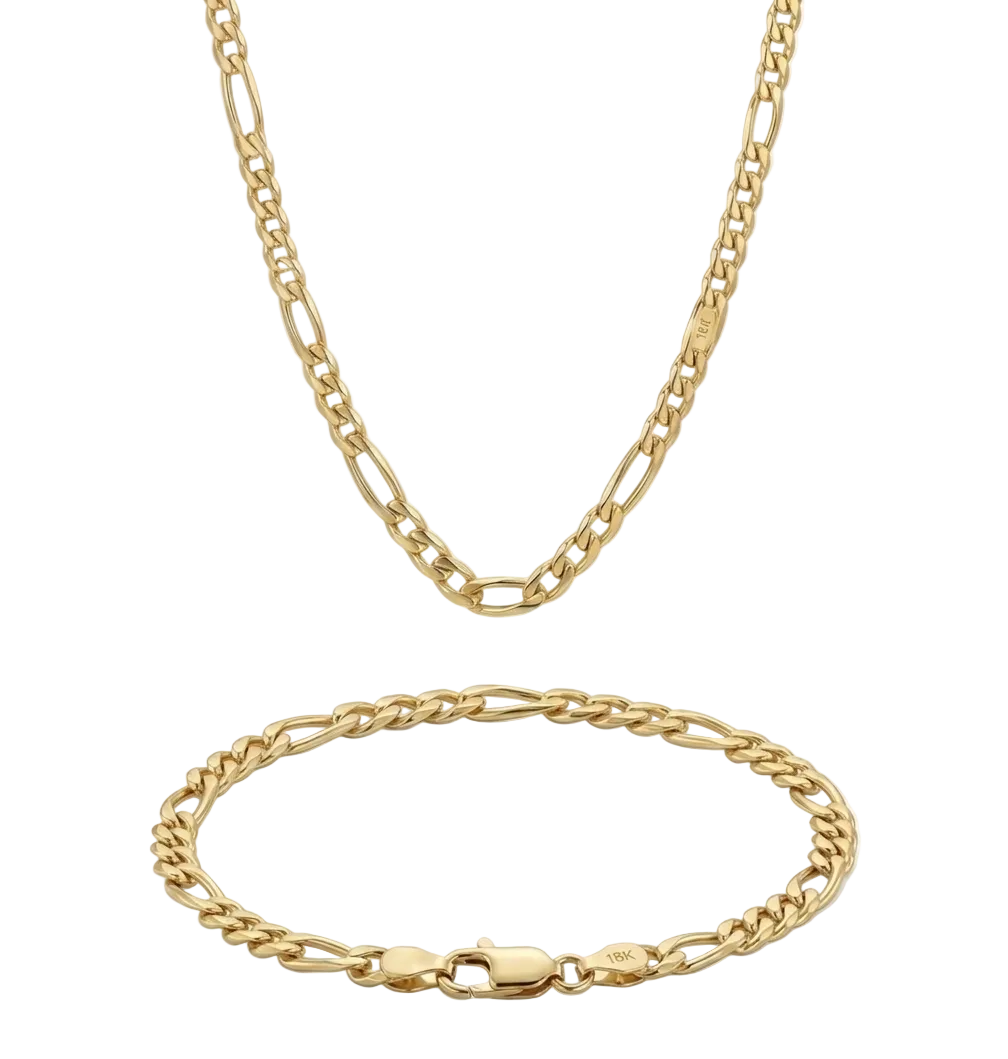 Gold chain necklace and bracelet on a white background