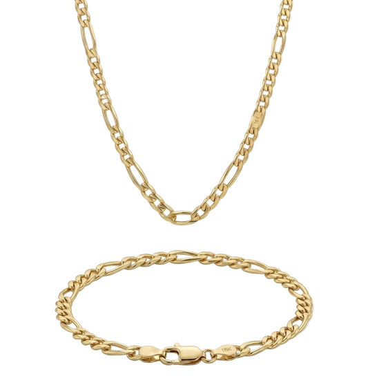 Gold chain necklace and bracelet on a white background