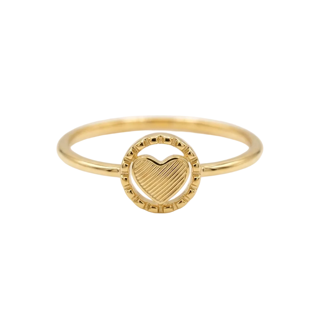 Gold ring with a heart design on a white background