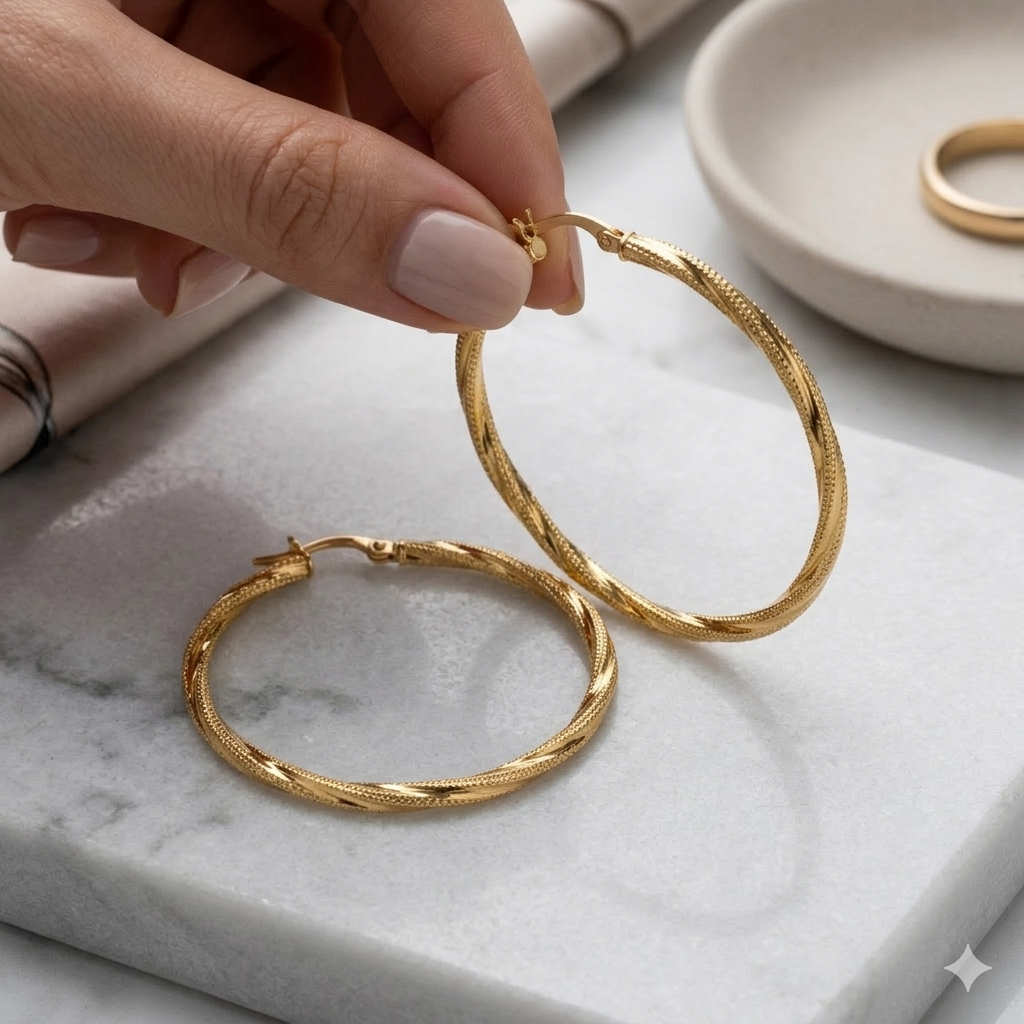 Gold hoop earrings being held by a hand on a marble surface