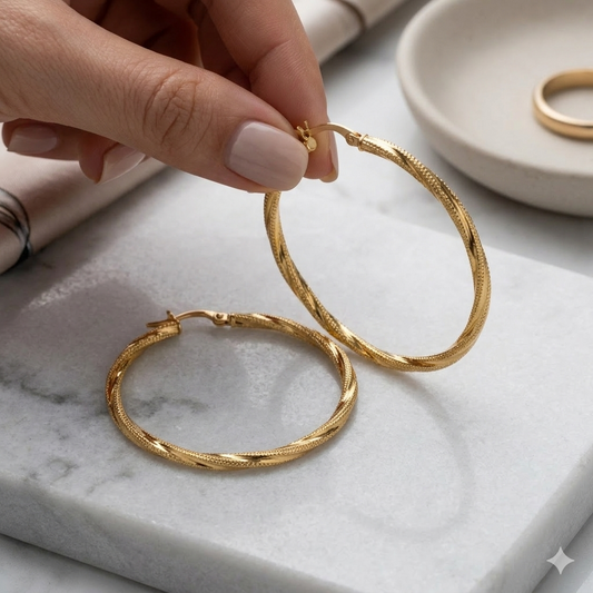 Gold hoop earrings being held by a hand on a marble surface