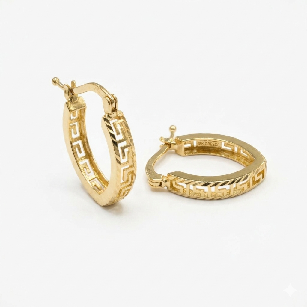 Pair of gold hoop earrings with intricate designs on a white background