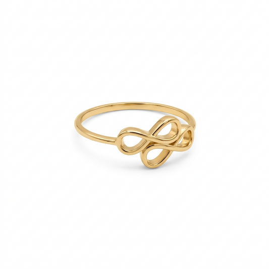 Gold infinity ring on a white background