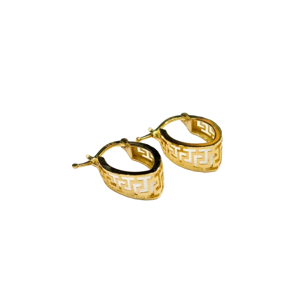 Gold hoop earrings with intricate design on a white background