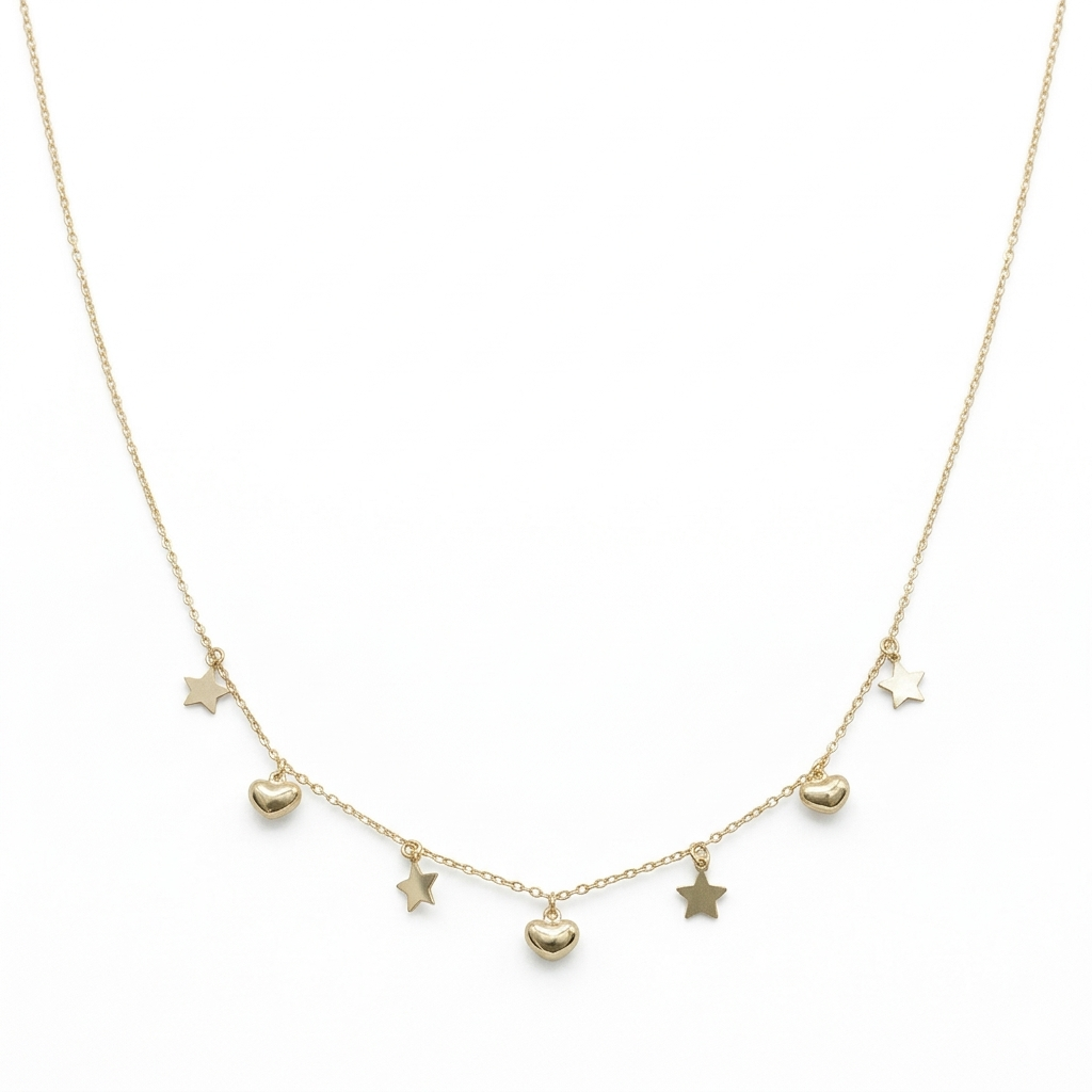 Gold necklace with heart and star pendants on a white background
