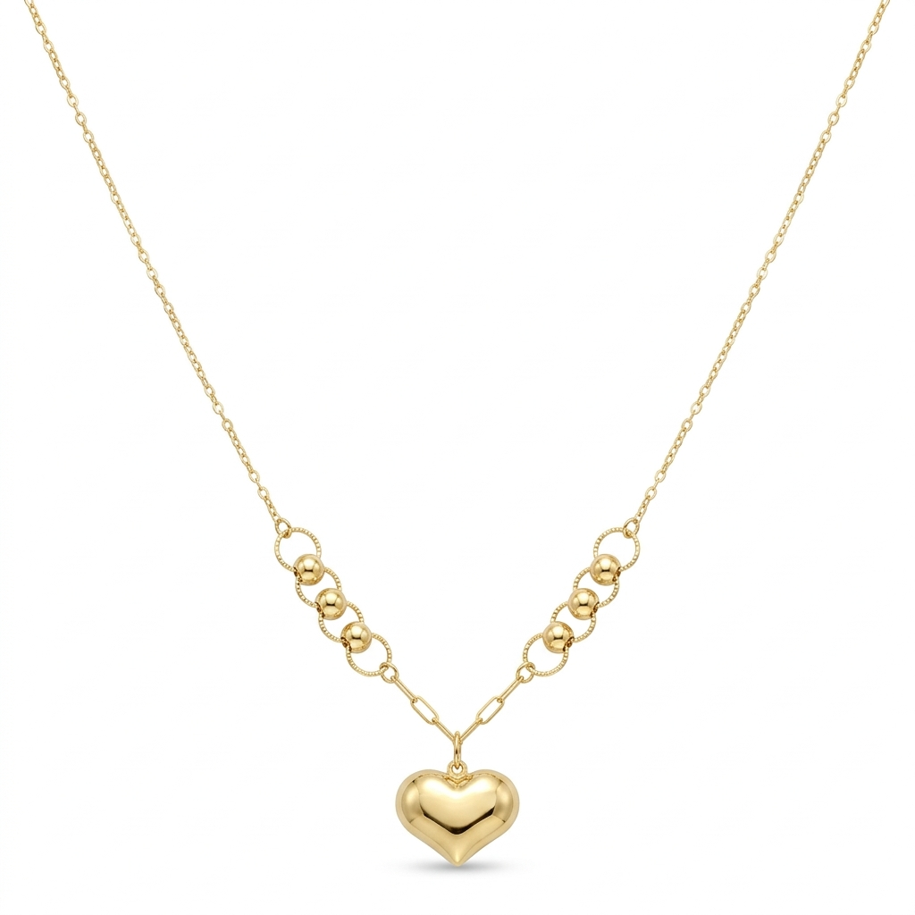 Gold heart-shaped pendant necklace on a white background