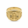 Gold ring with intricate design and '18k' marking on a white background
