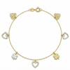 Gold bracelet with heart and clover charms on a white background