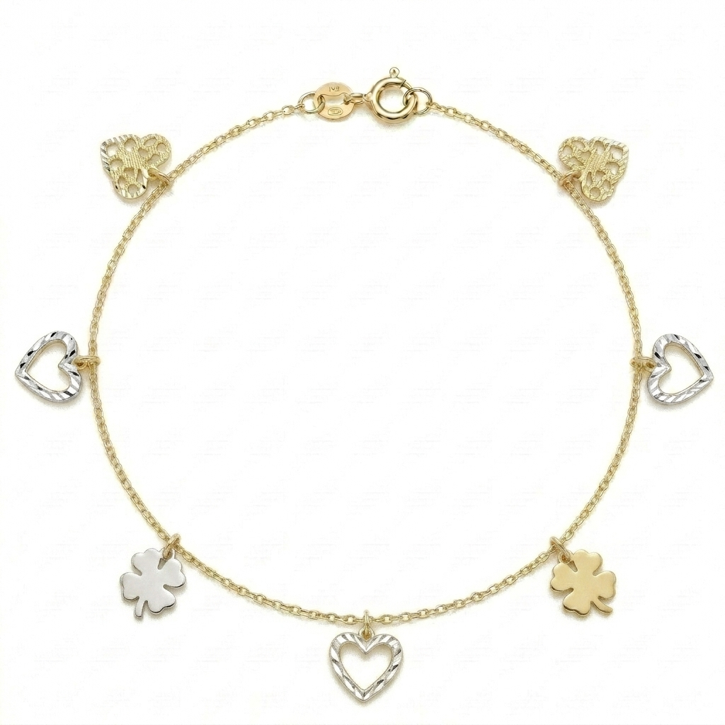 18k Gold 2 Tone Heart Clover Anklet