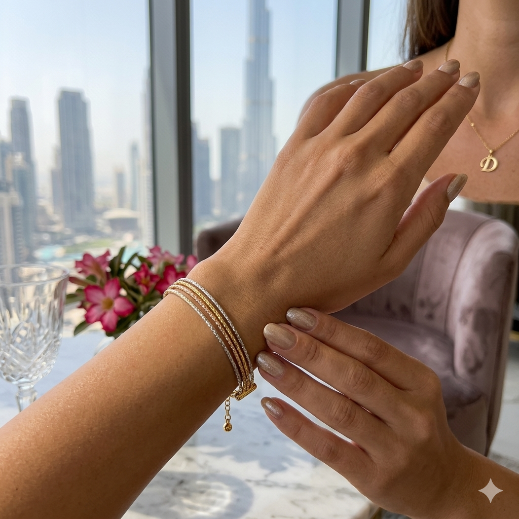 Close-up of hands with gold bracelets and a cityscape in the background