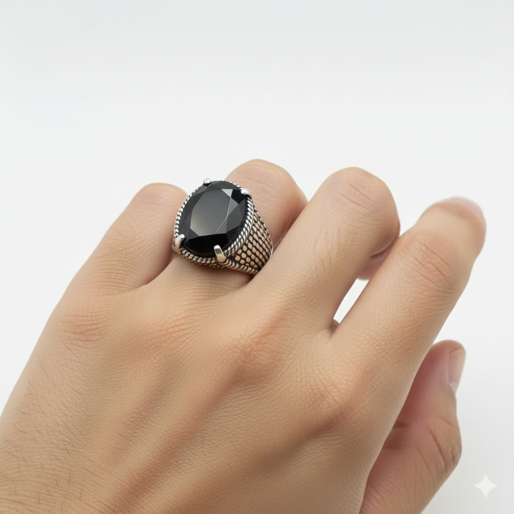 925 Silver Scale Black Stone Ring