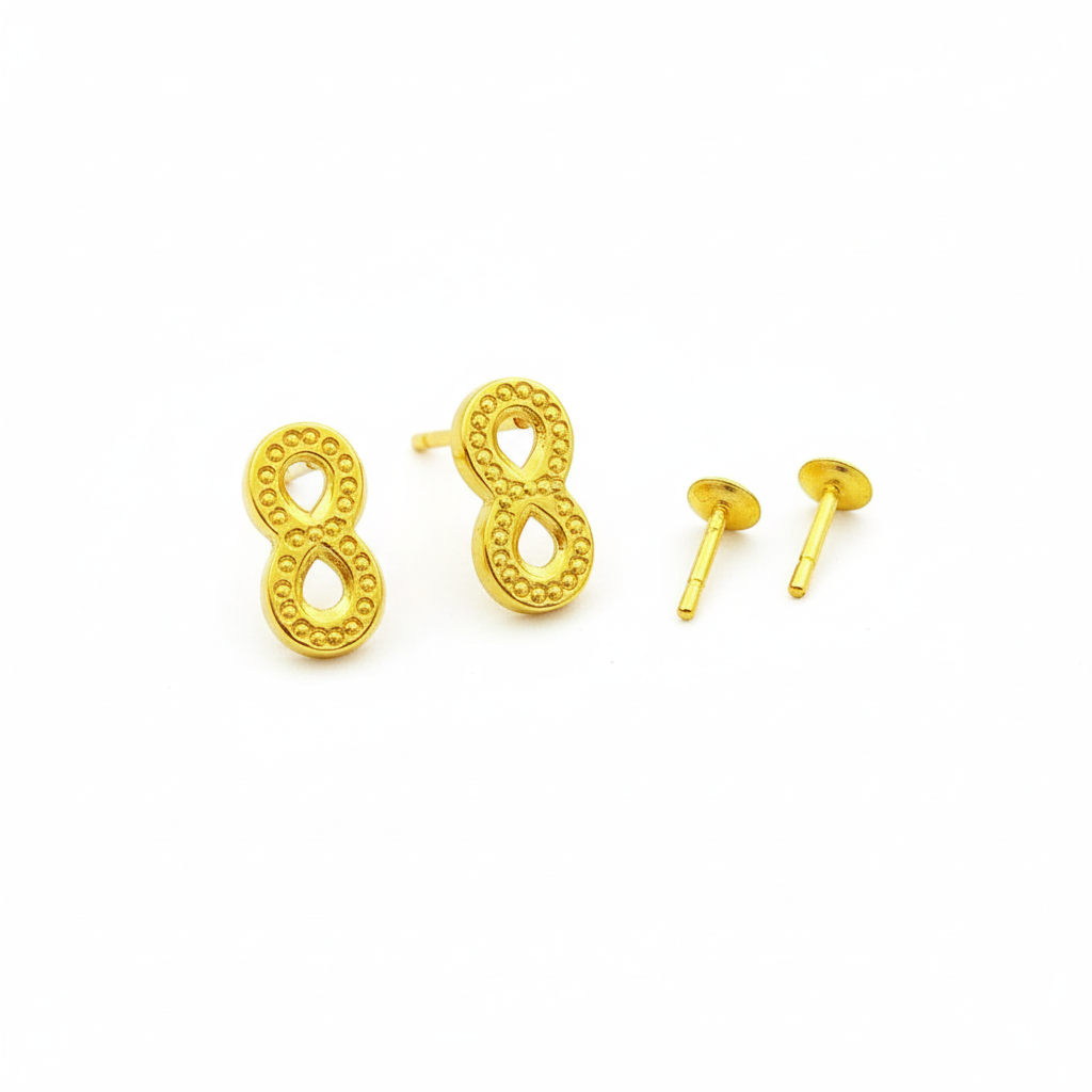 gold stud earrings shaped like the number 8, textured, on white background