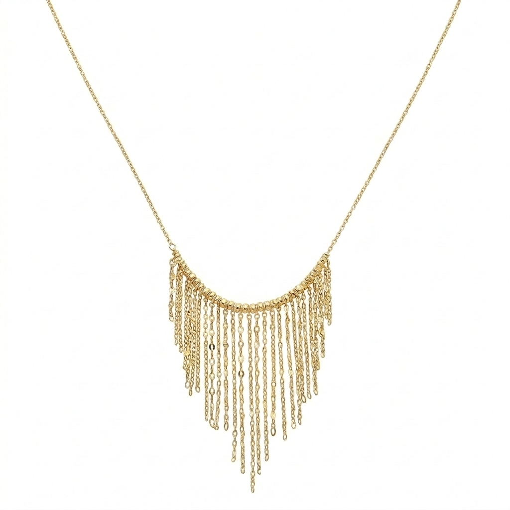 Gold fringe necklace on a white background
