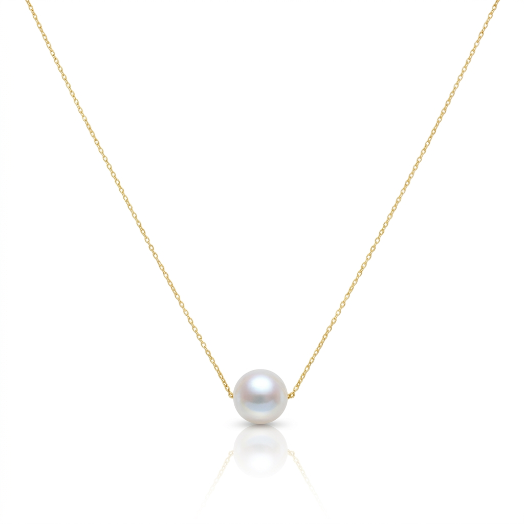 Pearl necklace on a gold chain against a white background
