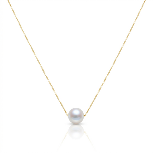 Pearl necklace on a gold chain against a white background