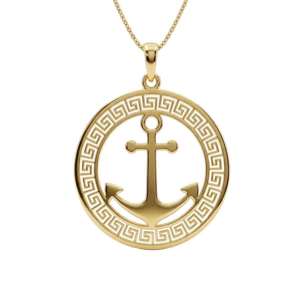 Gold anchor pendant with greek key design on a white background
