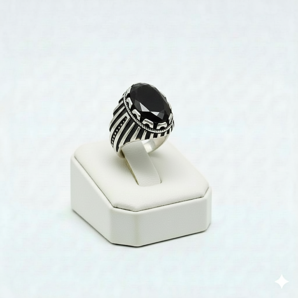 925 Silver Line Black Stone Ring