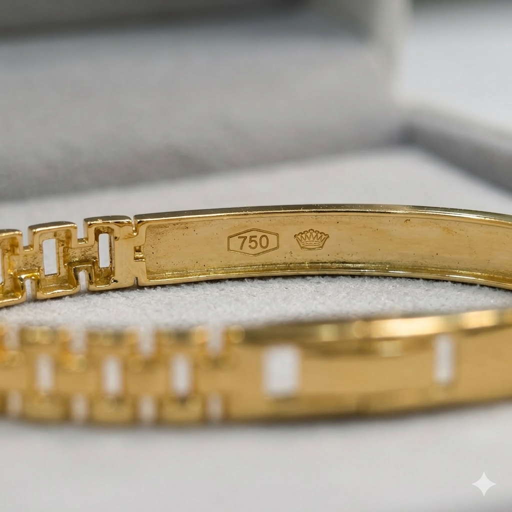 Gold bracelet with hallmark on a light gray background