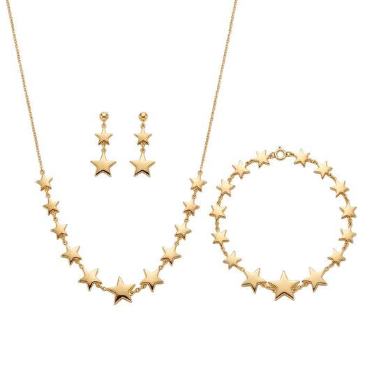 Gold star jewelry set including necklace, bracelet, and earrings on a white background