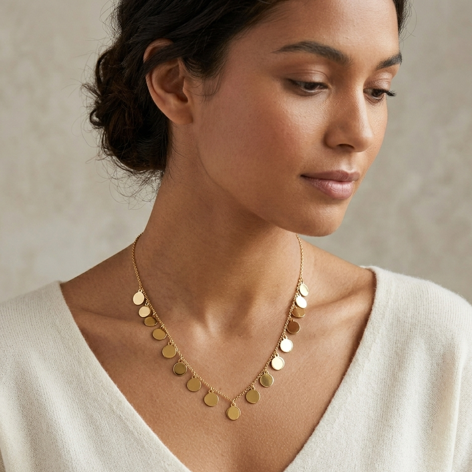 Woman wearing a gold necklace against a neutral background