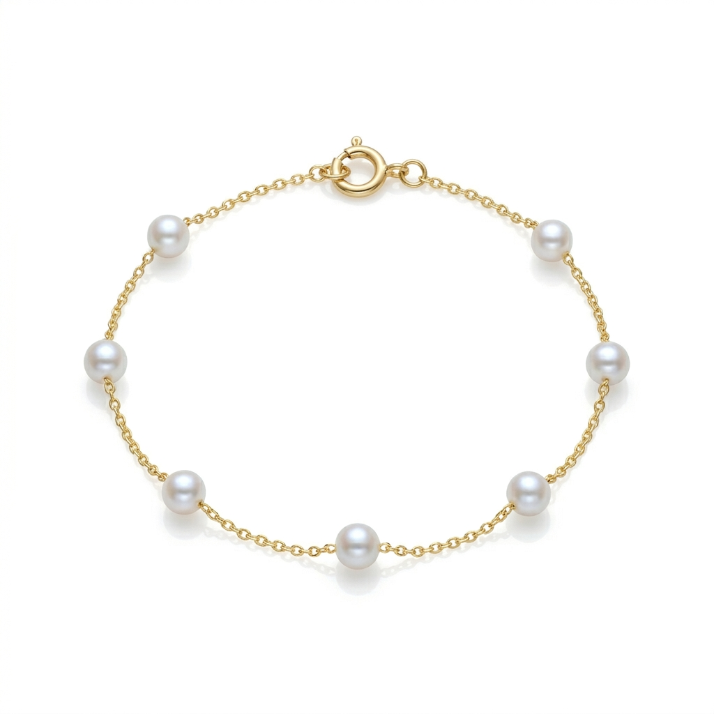 Gold bracelet with pearls on a white background